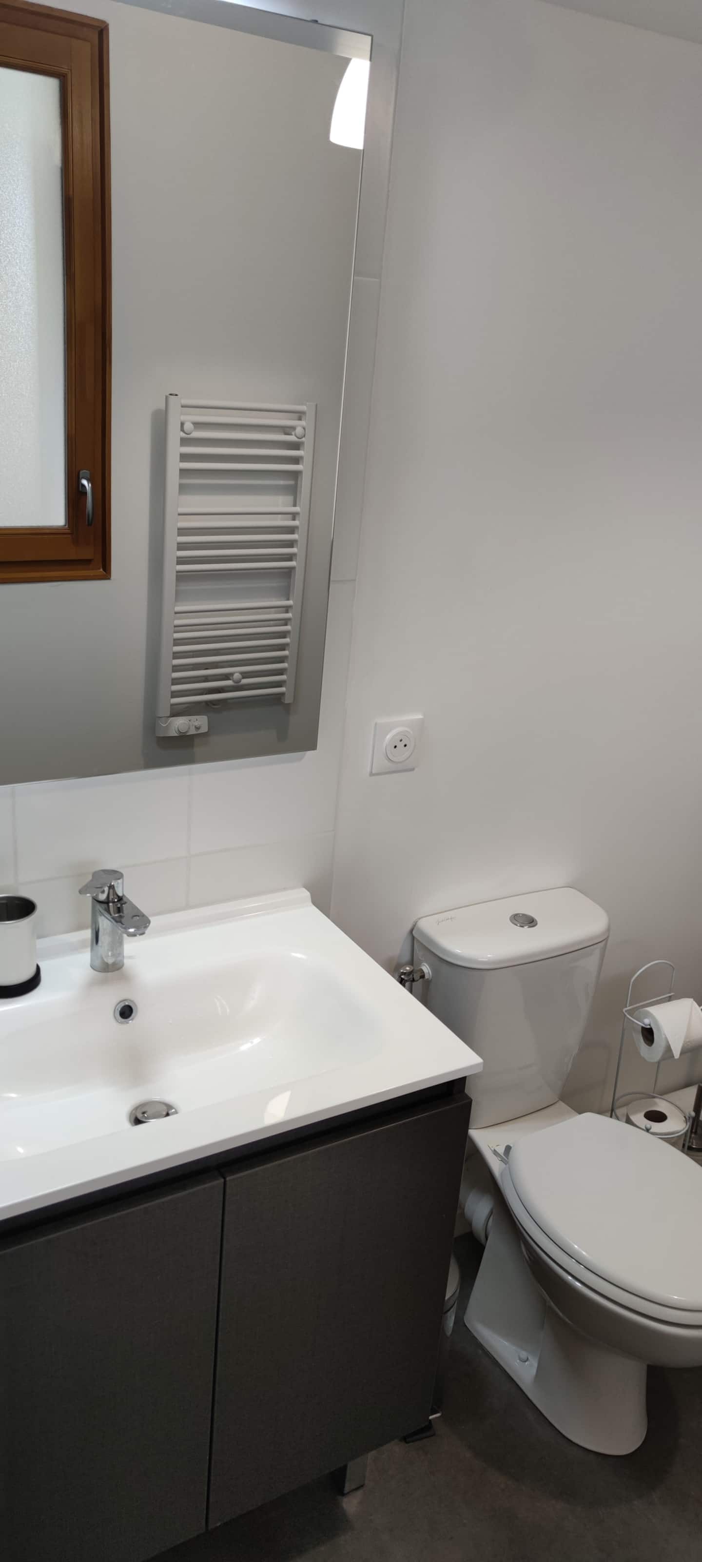 La salle de bain — Grande vasque, sèche-serviettes, miroir pleine hauteur